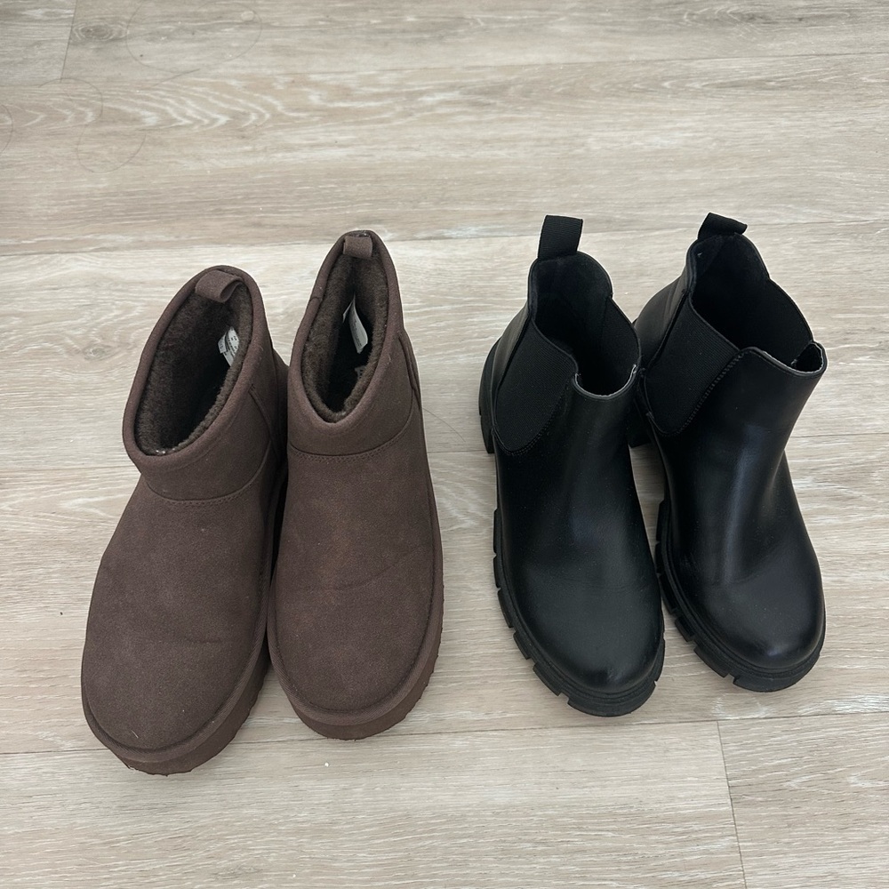 Set of booties. Brown furry booties and leather booties